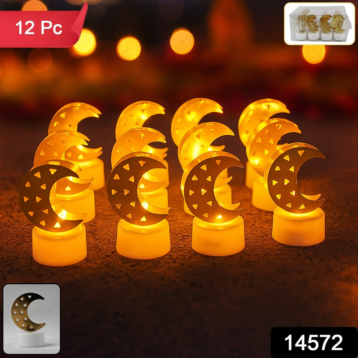 Twelve crescent moon shaped flameless LED candles with gold tops and white bases glow in a dimly lit setting.