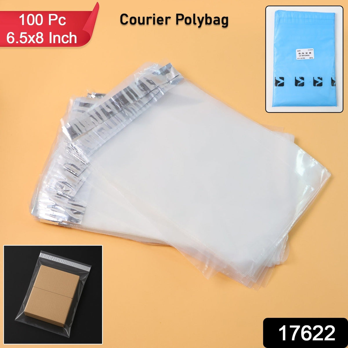 A stack of clear polybags with silver adhesive strips, a red label indicating 100 pieces, and an inset of a blue polybag and