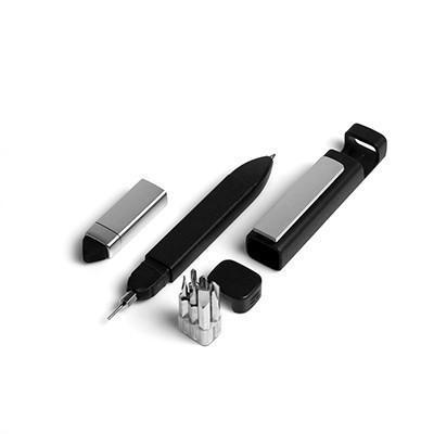 A disassembled black multi-function pen is shown with its components: phone holder, pen body, screwdriver bits, and cap, on