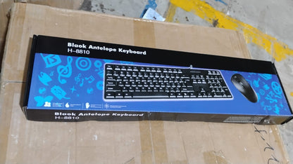 A blue and black product box for a 'Black Antelope Keyboard' with an image of the keyboard and mouse.