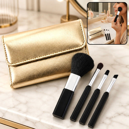A gold makeup brush pouch and four black and silver brushes on a marble surface, with a woman applying makeup in an inset.