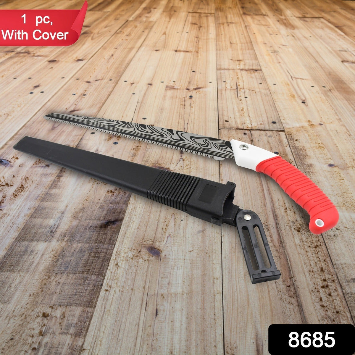 A hand pruning saw with a red handle and a black sheath lying on a light wooden floor, with a red banner in the corner.