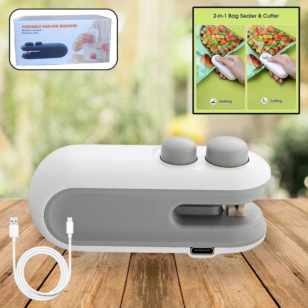 The white and grey bag sealer and cutter with two grey buttons, a USB-C port, and a white charging cable on a wooden surface.