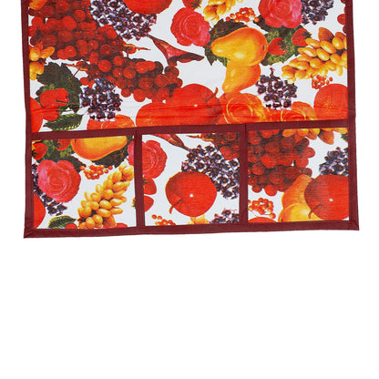A close-up view of the fruit-patterned refrigerator top cover, highlighting the pocket details and fabric texture.