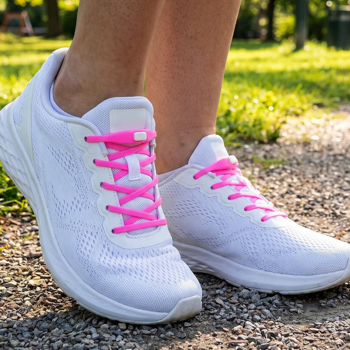A person wearing white sneakers with bright pink silicone no-tie shoelaces, walking on a gravel path in a park.