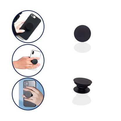 Three circular insets show a black phone grip in use on different phones, with a collapsed and expanded black grip shown