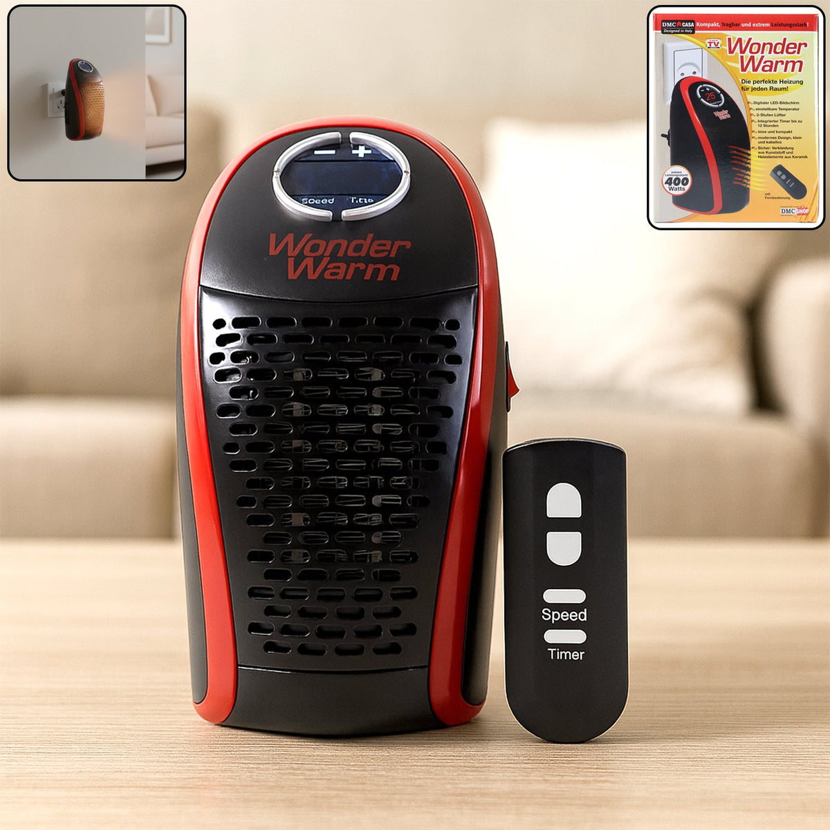 Black and red Wonder Warm heater with remote control, showing the product in use and its packaging.