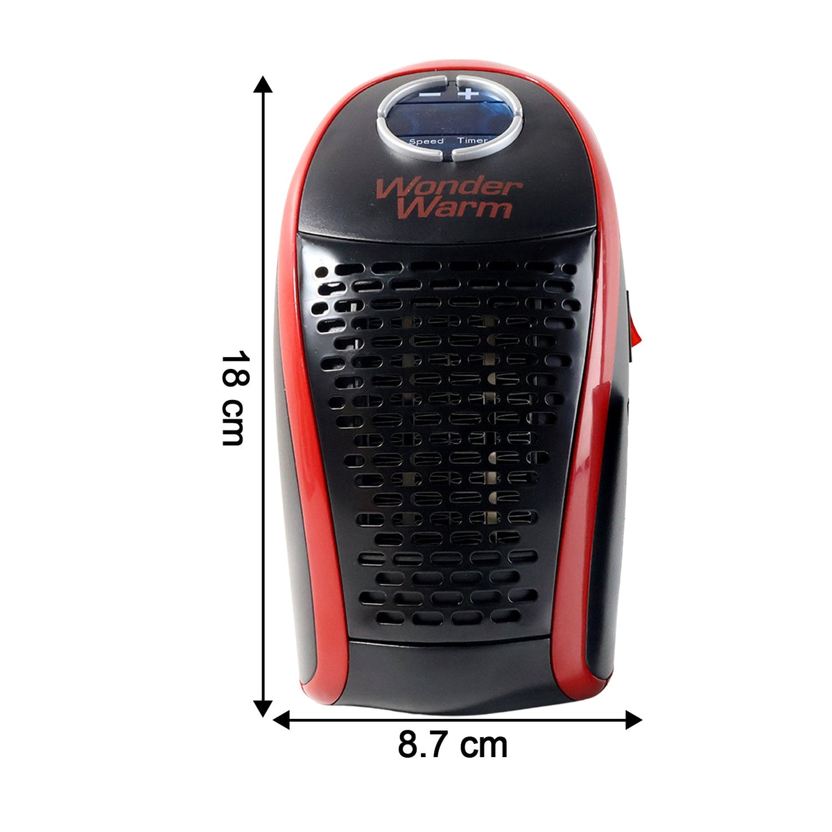 Front view of the heater with dimensions, showing it is 18 cm tall and 8.7 cm wide.