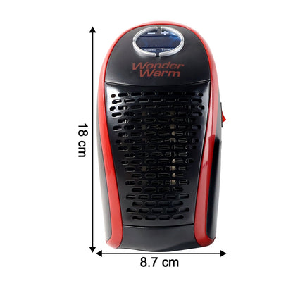 Front view of the heater with dimensions, showing it is 18 cm tall and 8.7 cm wide.