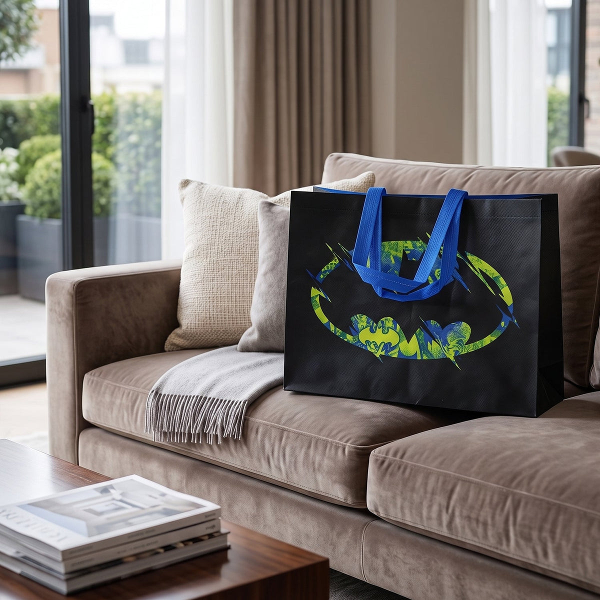 Black reusable tote bag with a distressed neon green and blue Batman logo sitting on a light brown sofa.