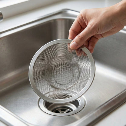 A hand holding a large stainless steel mesh sink strainer over a sink drain.