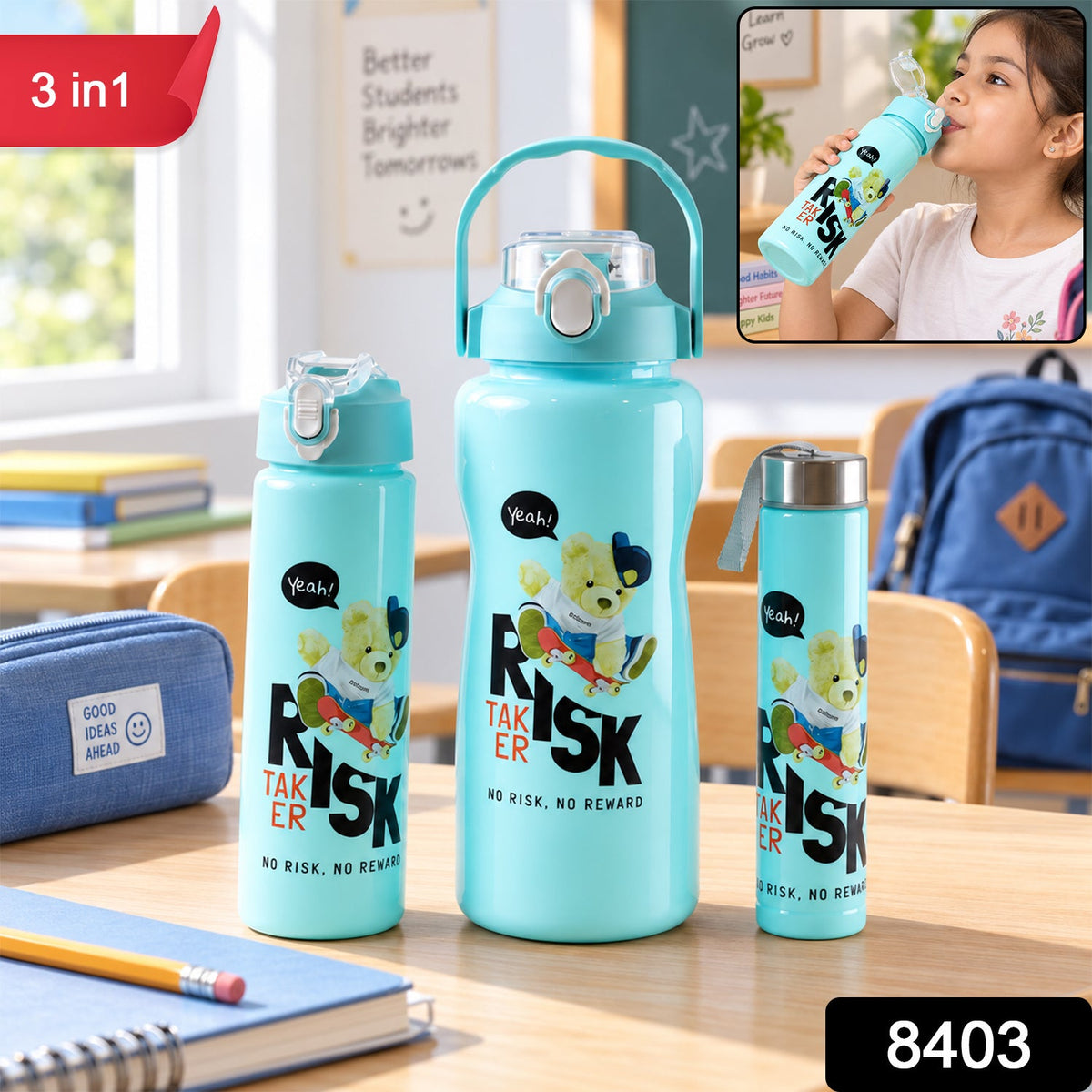 Three light blue water bottles on a school desk, with a small inset image of a child drinking.