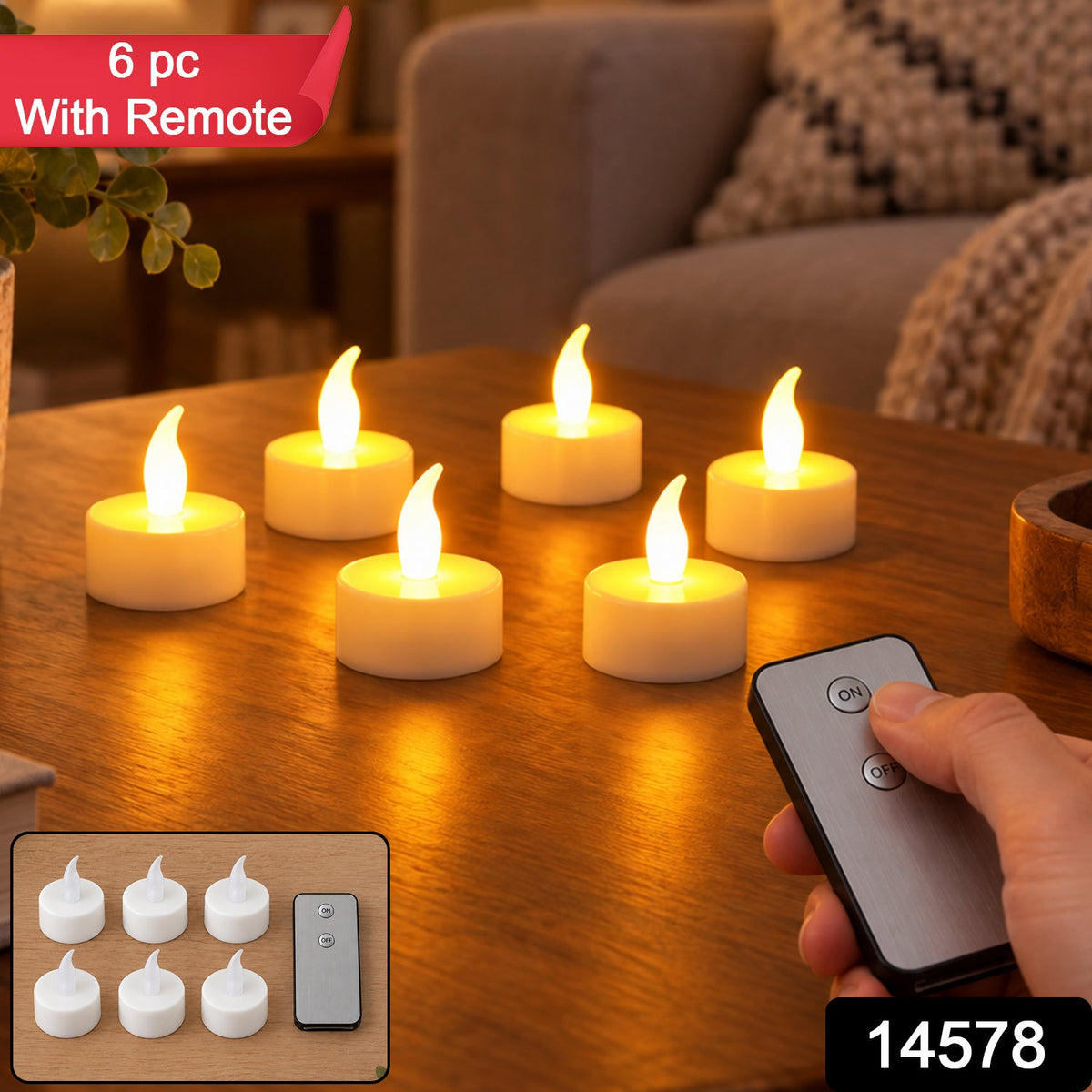 Six white LED flameless candles glowing on a wooden table with a hand holding a remote control, with product labels.