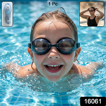 A young girl with dark hair smiles in a pool, wearing black swimming goggles with clear lenses, with text overlays.