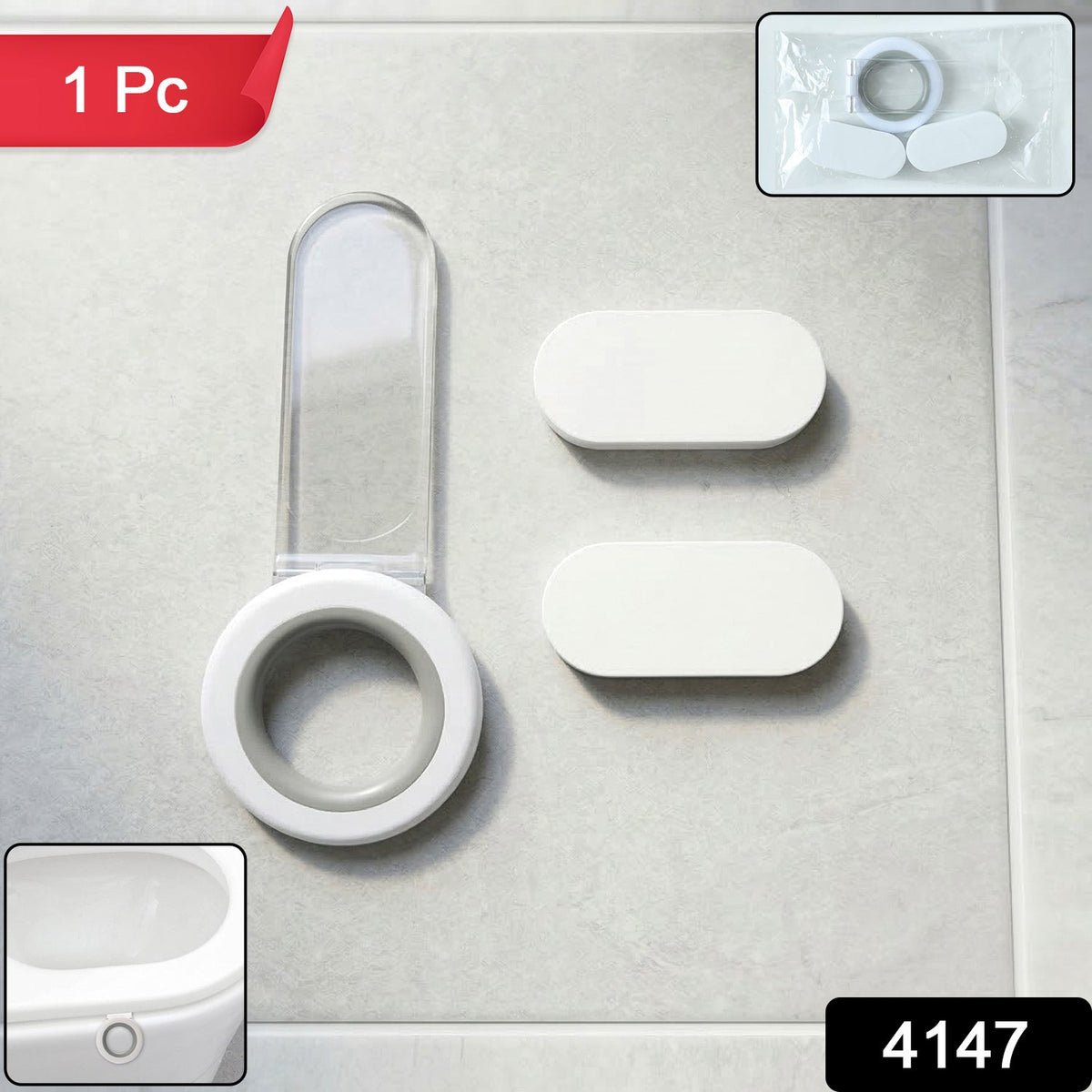 A white and gray toilet seat lifter with two white adhesive pads on a tiled floor, with small insets showing a toilet and