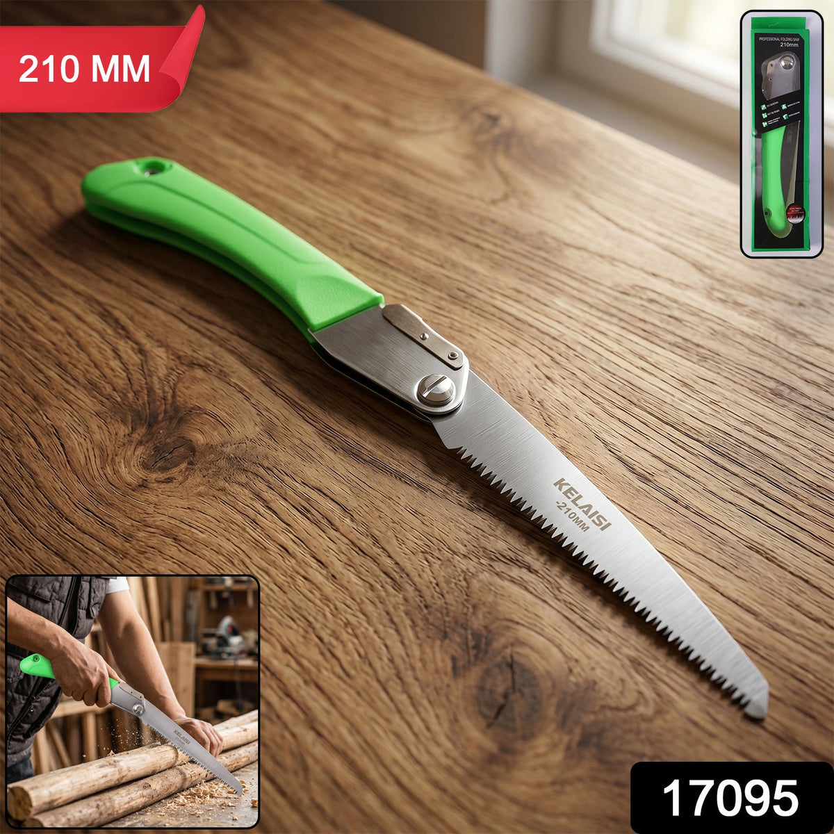 A green handled folding saw with a silver blade rests on a wooden table, with text overlays for size and product number.