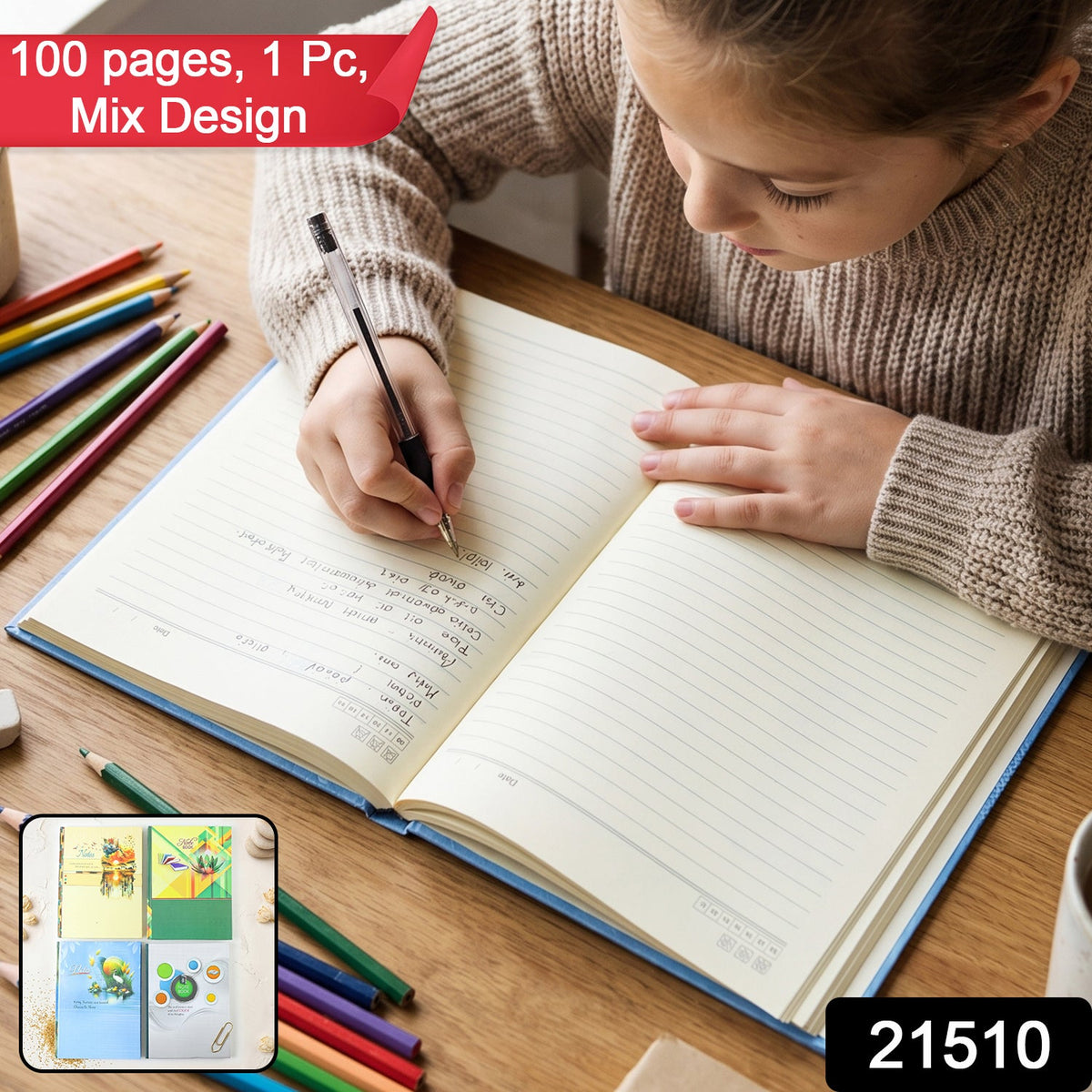 A young girl in a beige sweater writes in a blue hardbound ruled diary with a black pen on a wooden desk with a red banner