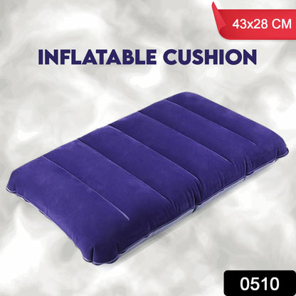 A blue velvet inflatable cushion is displayed on a grey textured background with product dimensions.