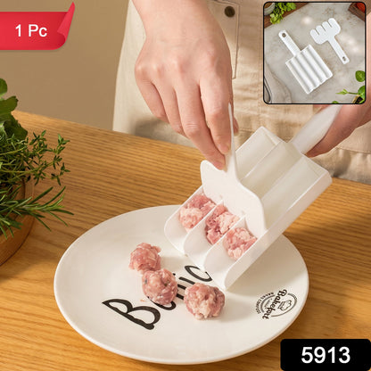 A person uses a white plastic meatball maker to scoop raw ground meat onto a white plate, with a "1 Pc" label.