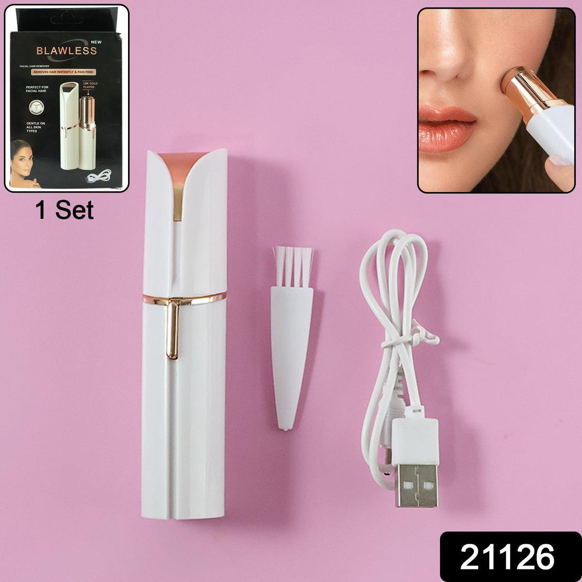 White and rose gold facial hair remover with a cleaning brush, charging cable, and its product packaging.