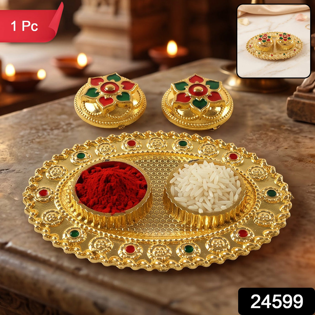Oval Golden Kankavati Kumkum Holder with Meena Work Border
