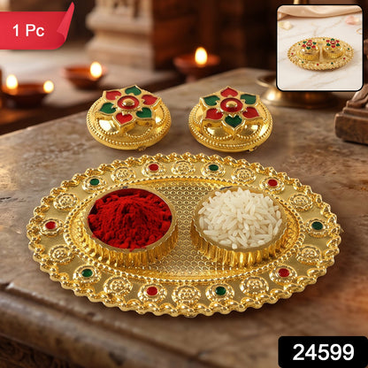 Oval Golden Kankavati Kumkum Holder with Meena Work Border