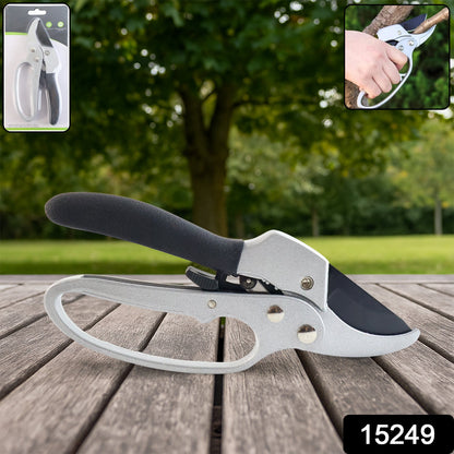 Silver and black pruning shears on a wooden surface with a blurred green background and packaging inset.