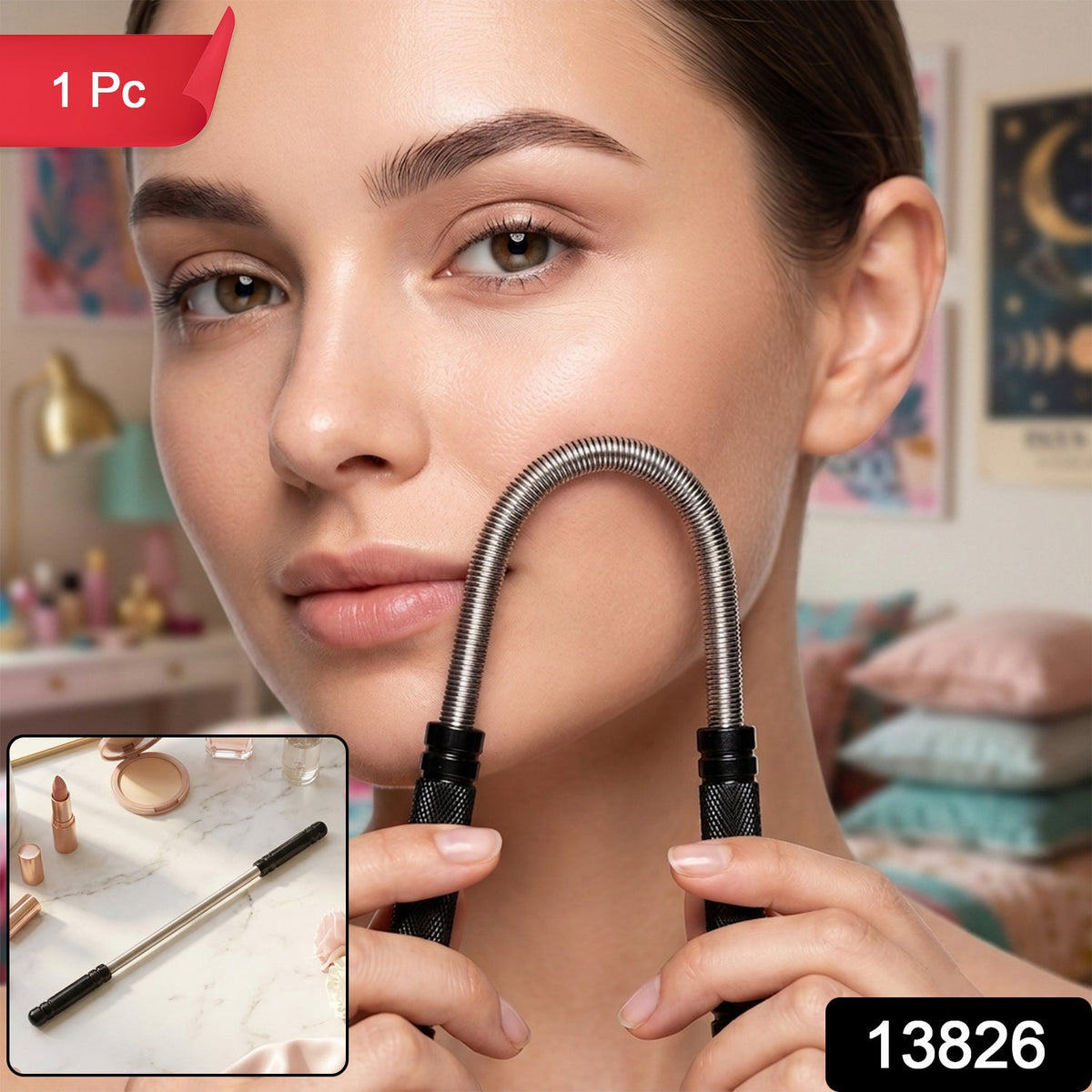 A woman holds a silver spring facial hair remover to her cheek, with a "1 Pc" label and a product code "13826".