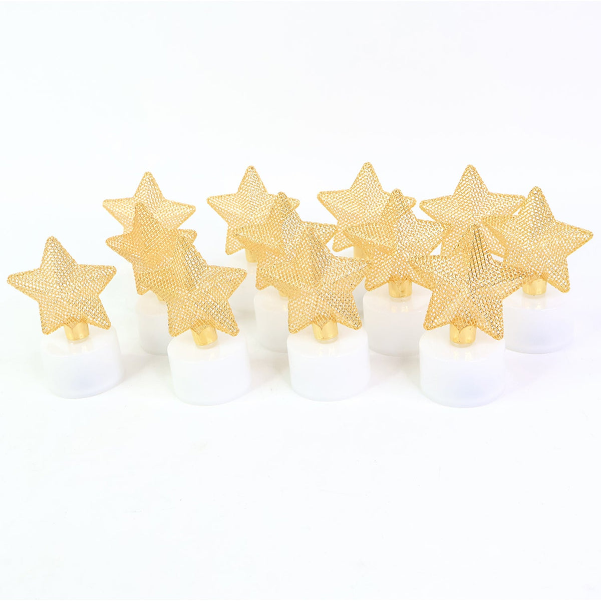 Ten LED tealights with golden mesh stars arranged in two rows on a plain white background.