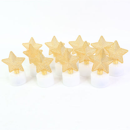Ten LED tealights with golden mesh stars arranged in two rows on a plain white background.