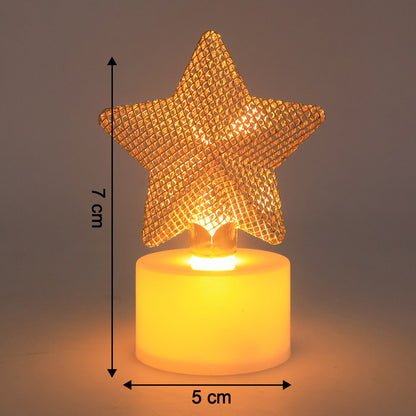 A single LED tealight with a golden mesh star, showing its 7 cm height and 5 cm width dimensions.