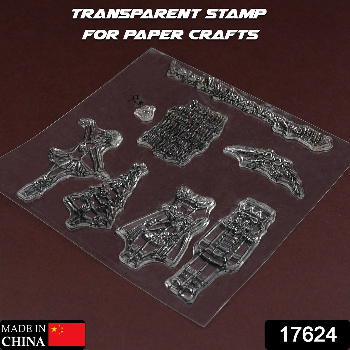A sheet of clear silicone stamps with various designs, including a ballerina, Christmas tree, and crown, on a dark