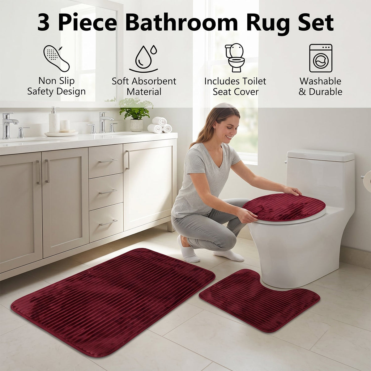 Bathroom Mat Set with Toilet Contour Rug and Lid Cover, Anti Slip (3 Pc Set)