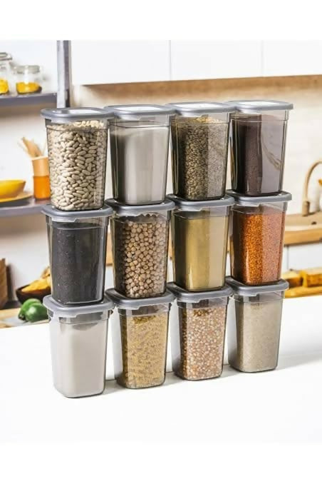 Transparent airtight food storage containers filled with grains and pulses