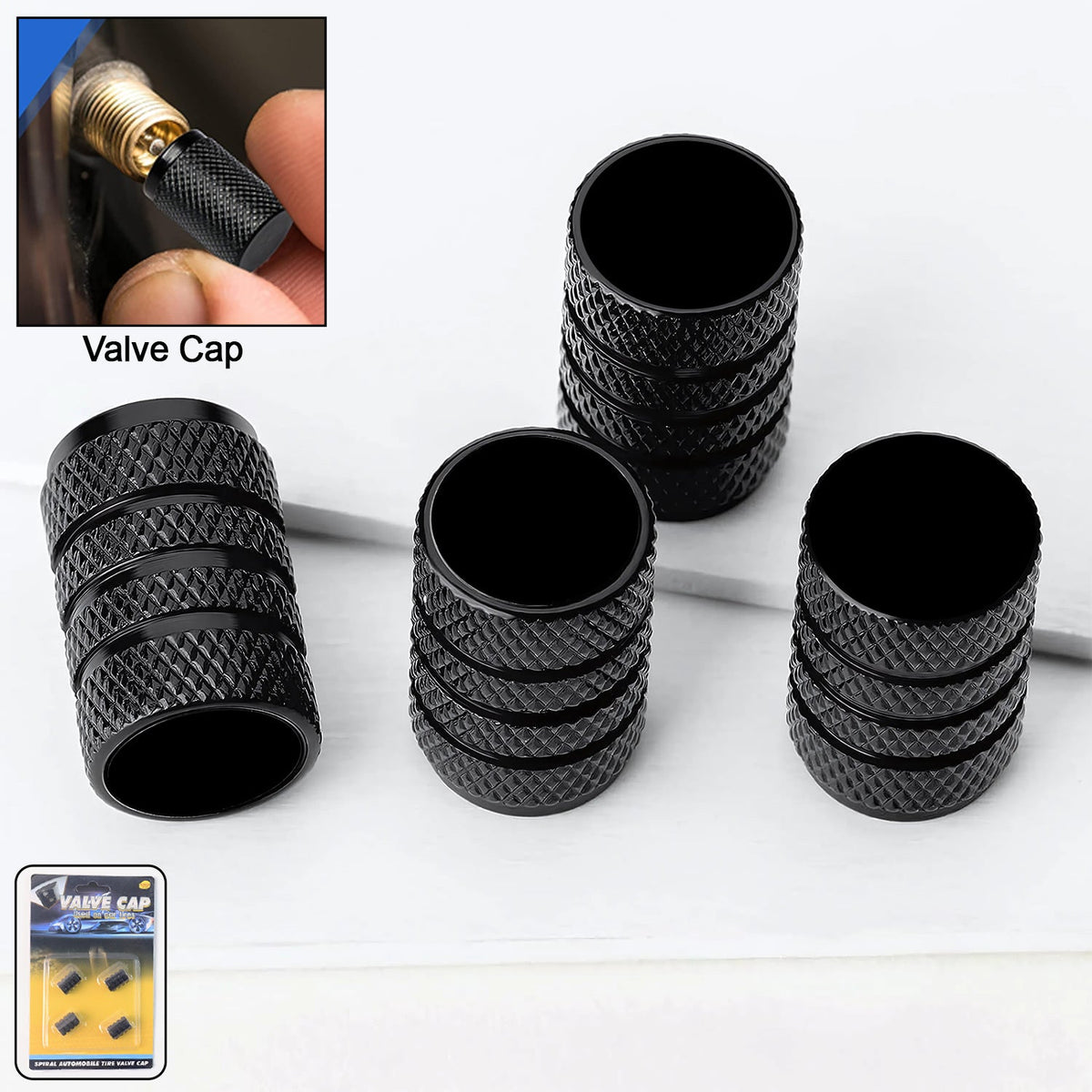 Four black, textured, cylindrical valve caps on a white surface, with packaging and an inset of a cap on a tire.