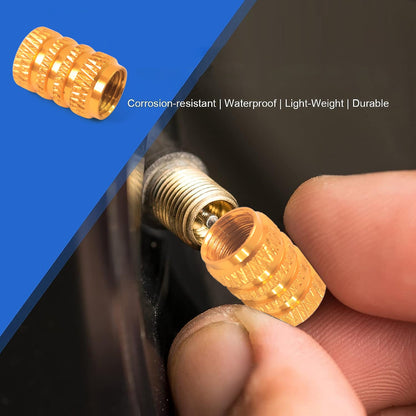 A hand screwing a gold textured valve cap onto a tire valve stem, with product features listed.