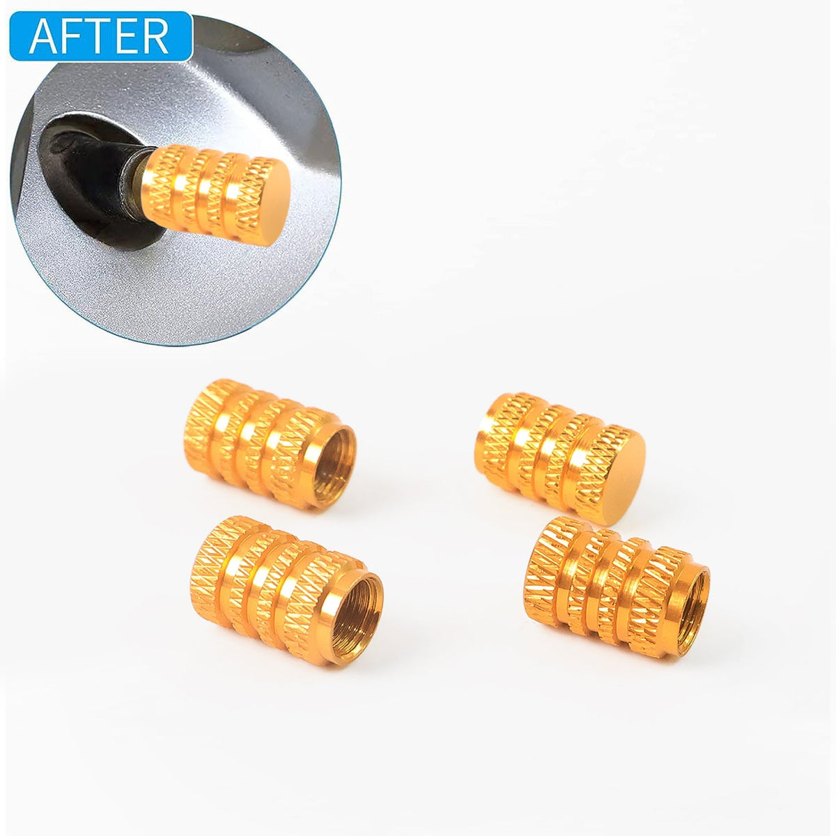 Four gold, textured, cylindrical valve caps on a white surface, with an inset of a cap installed on a tire.