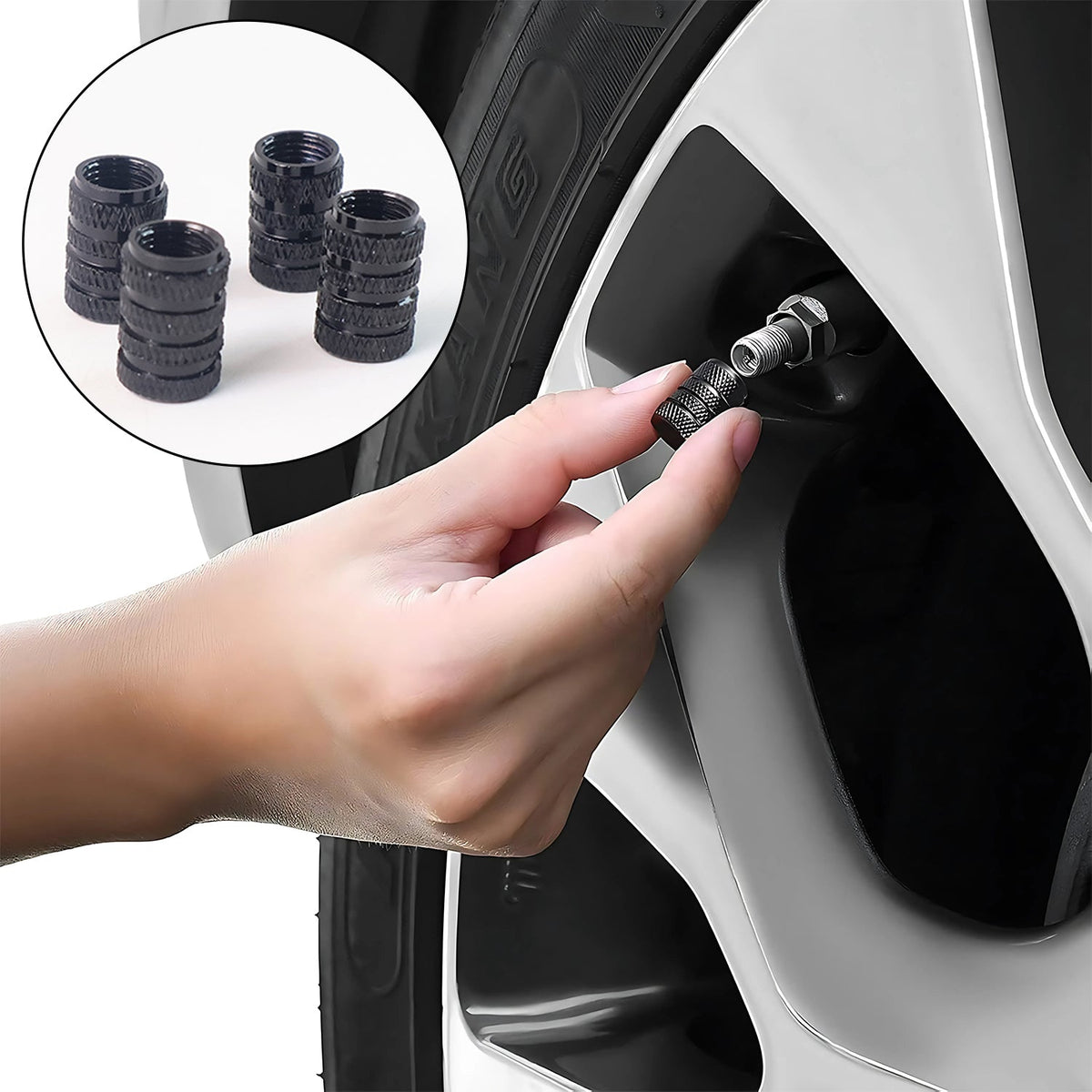 A hand screwing a black textured valve cap onto a car tire valve stem; inset shows four black caps.