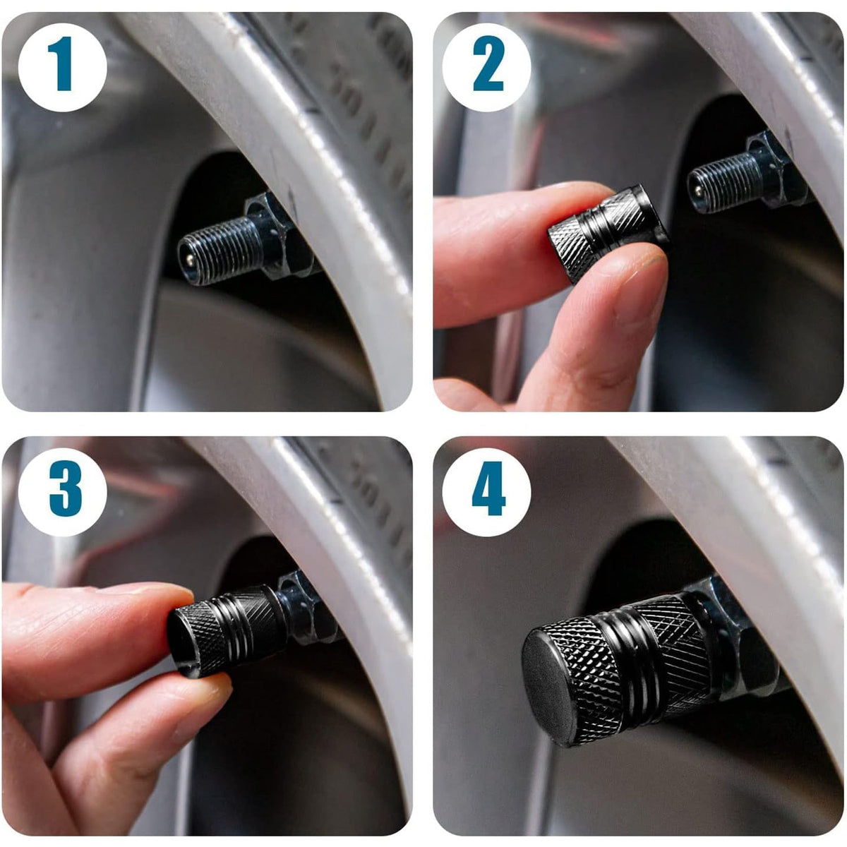 Four step-by-step close-ups showing how to install a black textured valve cap on a tire valve.