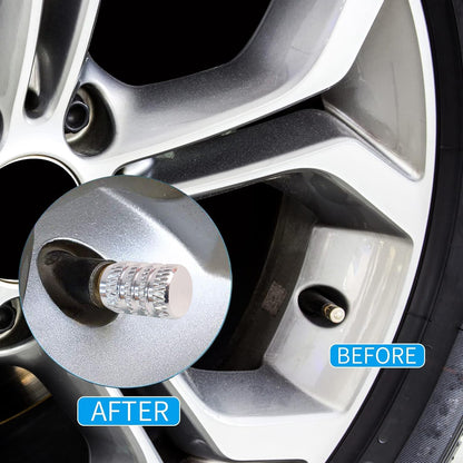 A car tire with an inset showing a silver textured valve cap installed, labeled 'AFTER' next to 'BEFORE'.