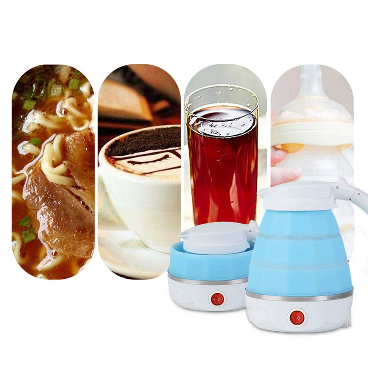 A collage of four images: ramen, coffee, a drink, and the blue and white foldable electric kettle in two states.