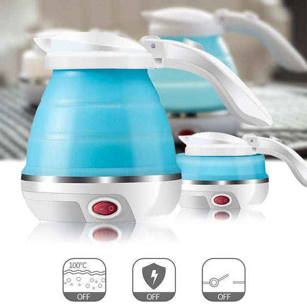 Two blue and white foldable electric kettles, one expanded and one collapsed, with three icons below representing features.