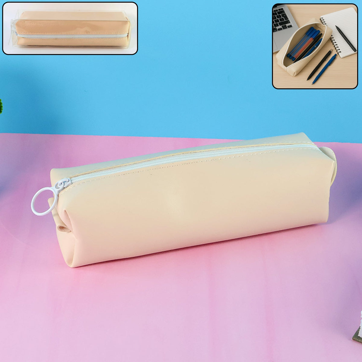 Beige pencil case with white zipper on a pink and blue background, with two inset images. – view 3