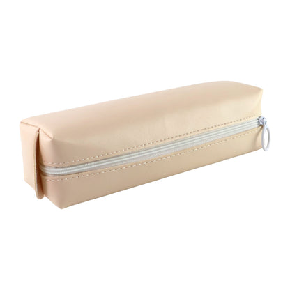 Closed beige pencil case with a white zipper and pull tab on a clean white background.